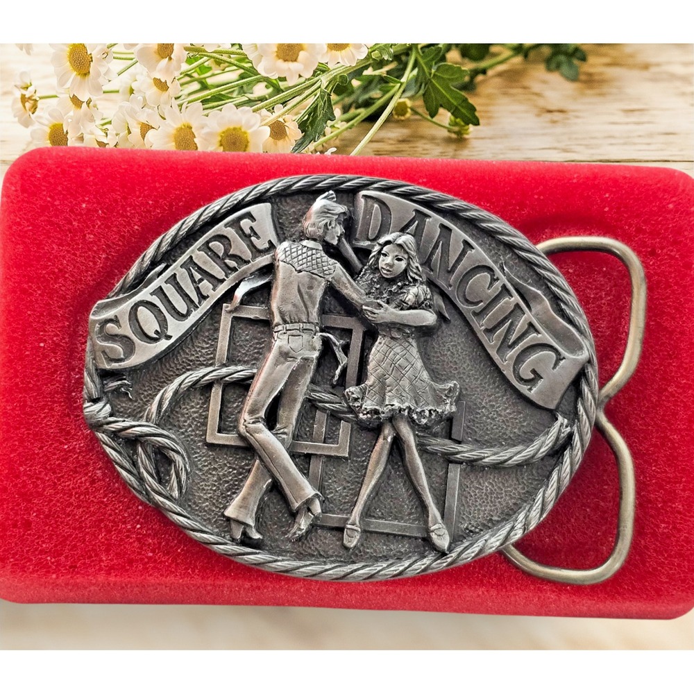 C+J INC Belt Buckle Pewter Enamel Square Dancing Country Western Vintage Trucker